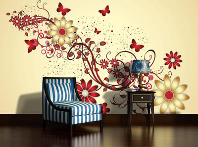 Flowers Butterflies Pattern Red Photo Wallcovering