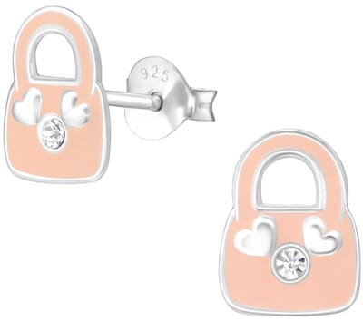 Joy|S - Zilveren handtasje oorbellen - 10 x 7 mm - roze met hartjes oorknoppen
