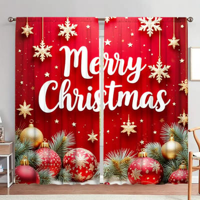 2 stuks Feestelijke Sfeer met Merry Christmas Bedrukte Gordijn voor Kerst Huisdecoratie - Tunnelgordijn voor Slaapkamer 52.5cmX116cm X 2pcs white