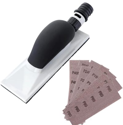 Hand schuurblok, 200 x 70 mm, handschuurder, stofzuiger, stofafzuiger, schuurpad, stofvrij, handschuurstrips met handvat en 10 stuks gaas schuurstrips P80, P120, P180, P240,
