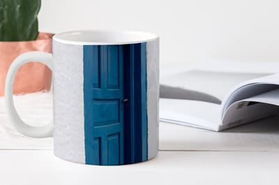 Mok - Koffiemok - Deur - Blauw - Wit - Architectuur - Mokken - 350 ML - Beker - Koffiemokken - Theemok