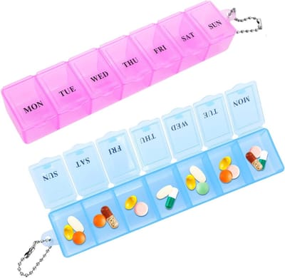 2 Stuks Pillendoos Organizer voor 7 Dagen - Compacte Reisset voor Vitaminen en Supplementen - Handige Medicijn Dispenser in Roze en Blauw