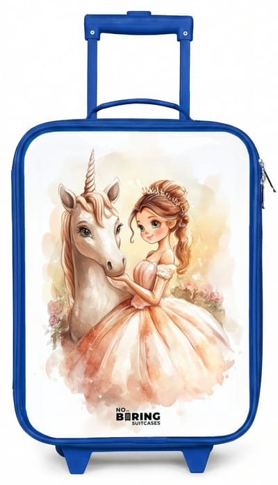 NoBoringSuitcases.com® - Kinderkoffer blauw - Kindertrolley jongen - Prinses in jurk met witte eenhoorn - Koffer kind lichtgewicht - Reiskoffer trolley voor kinderen - Koffertje met lichtgevende wieltjes - Rolkoffer