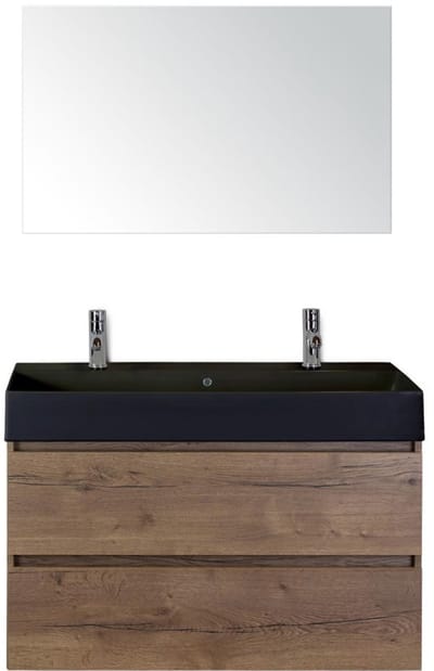 Maxx XL Badmeubelset 100 cm - Tabacco - Wastafel Kube Zwart 2 Kraangaten met Spiegel