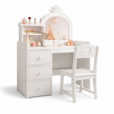 Miryx Prinsessen Kaptafel met Kruk - Kinderbureau - 2-in-1 Speel‑en Schrijftafel - Aanraaklamp - Open Opbergruimte - Verjaardagscadeau - Wit