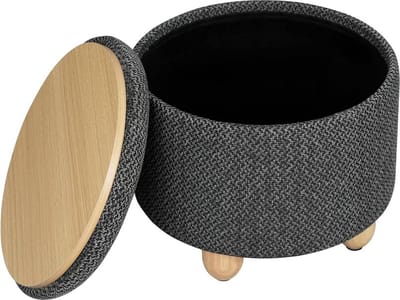 BukkitBow - Ronde Opbergpoef – Poef / Zitkist met Deskel - Voetenbank met Opbergruimte - 39x39x33 cm - Donker Grijs
