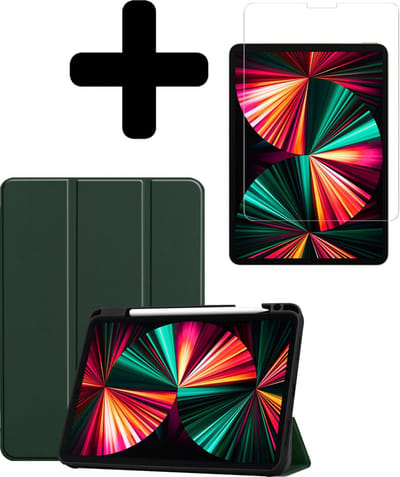 Hoes - Geschikt voor Apple iPad Pro (2021) - 12.9 inch - Met Screenprotector - Trifold Bookcase - Hard Cover Case - Met Uitsparing Geschikt voor Apple Pencil - Hardcover Book - Tablet Hoesje - Donkergroen