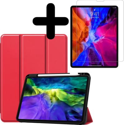 Hoesje - Geschikt voor Apple iPad Pro (2020) - 11 inch - Met Screenprotector - Trifold Bookcase Hoes - Hard Cover Case - Met Uitsparing Geschikt voor Apple Pencil - Hardcover Book - Tablethoes - Rood