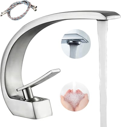 OKWISH Badkamerkraan - Chroom Wastafelkraan - Mengkraan Badkamer - Wastafel Kraan Chroom - Badkamerkraan met Koperen Bevestiging - Wastafelkraan met 3/8 Aansluiting - Zilver