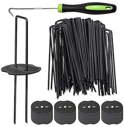 50 stuks zwarte landschapsnietjes en bufferwasmachine - Heavy Duty U-vormige gazonpennen voor tuinprojecten