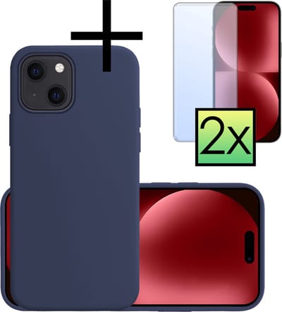 Hoesje - Met 2x Screenprotector - Geschikt voor Apple iPhone 15 - Sterk & Shockproof - Back Cover - Siliconen Case - Telefoon Hoes - Donkerblauw