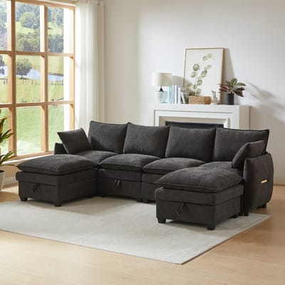 Modulaire U-vorm bank met opbergruimte - Chenille stof - 4 zitmodules, 2 hockers, opbergruimte onder elke zitting - 6 kussens, massief houten frame, metaalaccenten - Geschikt voor woonkamer, kantoor en ontvangstruimte