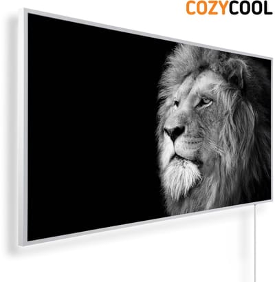 Infraroodpaneel met afbeelding | Leeuw op zwarte achtergrond | 1200 Watt | Witte lijst | Infrarood verwarmingspaneel | Infrarood paneel | Infrarood verwarming
