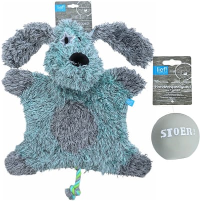 lief! Boys Hondenspeelgoed Set – Pluche Hond XXL met Piep + Latex Bal met Geluid – 45x35 cm – Grijs/Groen – Puppy & Hond Speelgoed - Blauw-Groen