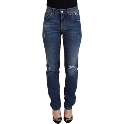 Versleten Denim Jeans Rood Zwart Ruit