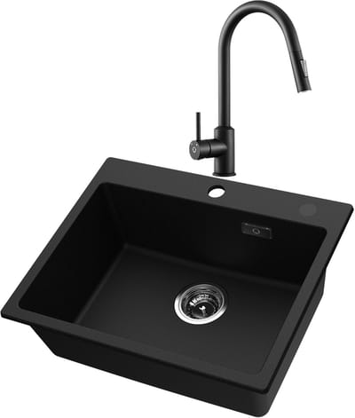CECIPA Max Granieten Spoelbak 55*45cm Zwart - Spoelbak Keuken Met Keukenkraan - Spoelbakken Keuken - Wasbak Keuken Met Waterafvoersysteem
