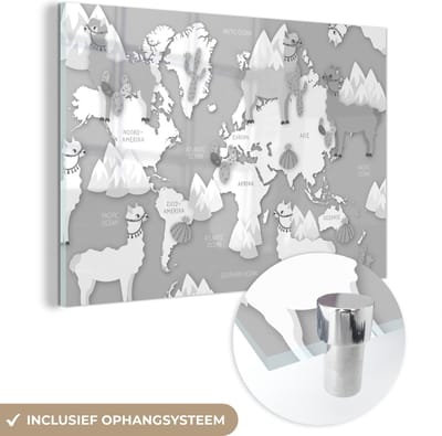 ® Glasschilderij 180x120 cm - Schilderij acrylglas - Wereldkaart - Alpaca - Bergen - Foto op glas - Muurdecoratie woonkamer - Wanddecoratie slaapkamer - Schilderijen