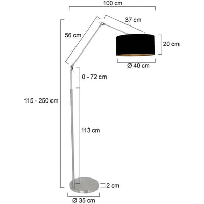 Vloerlamp Prestige Chic 3975ST - Staalkleurig met zwart linnen kap, met voetschakelaar, hoogte verstelbaar, metaal en textiel, Steinhauer