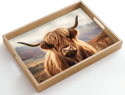 Dienblad hout 50x35 cm - Schootdienblad - Schotse hooglander - Landschap - Dier - Borrelplank rechthoek - Plateau dienbladen