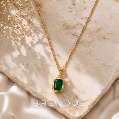Brendoe Goudkleurige Ketting met Groene Steen Dames – Rechthoekige Hanger Verwisselbaar – 18K Vergulde RVS Ketting