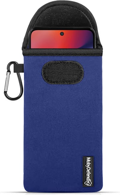 MobyDefend Hoesje - Geschikt voor Motorola Moto G15 / G15 Power / G17 / G17 Power - Neopreen Pouch Met Karabijnhaak - Insteek - Riemlus - Blauw