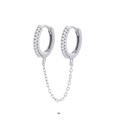 Twice As Nice Oorbel per stuk in zilver, 2 oorringen aan ketting, zirkonia