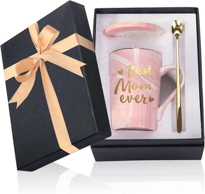 Koffiemok voor Moeder - Perfect Moederdagcadeau, 400 ml, Keramische Marmeren Beker met Deksel en Gouden Lepel
