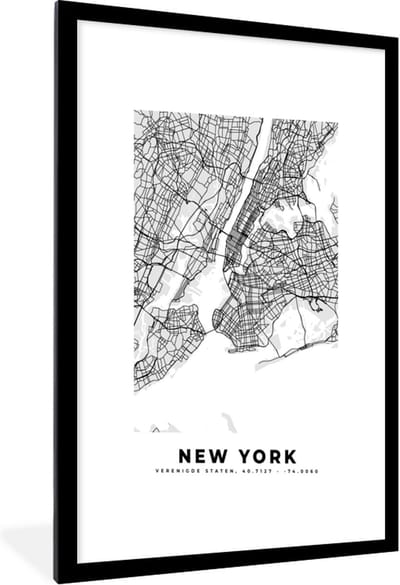 Fotolijst incl. Poster Zwart Wit- New York - Stadskaart - Zwart Wit - Plattegrond - Kaart - 60x90 cm - Posterlijst