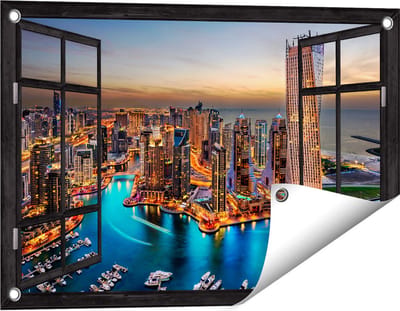 Gards Tuinposter Doorkijk Dubai Haven met de Stad - 60x40 cm - Tuindoek - Tuindecoratie - Wanddecoratie buiten - Tuinschilderij