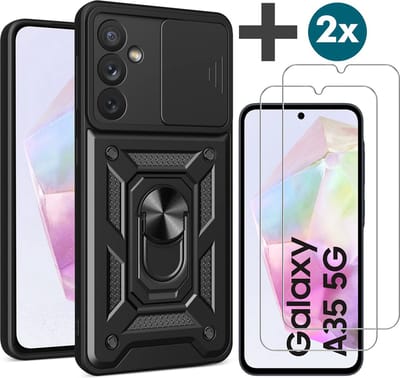 Hoesje met 2 Stuks Screenprotectors Geschikt voor Samsung Galaxy A35 Met draaibare Ringhouder en camera bescherming - Arara backcover - Zwart