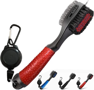 Golf Club Reiniger - Borstel Spike - Club Groef Schoonmaken - Dubbelzijdig Oversized Hoofd - Intrekbaar Clip - Rood