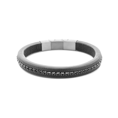 Frank 1967 7FB-0557 – Heren Leren Armband – Zwarte Zirkonia – Verstelbaar – 21 cm – Cadeau voor Mannen