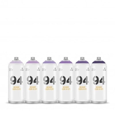 MTN94 spuitbussen pakket - 6x Paarse tinten - Lage druk, matte afwerking graffiti spuitverf - 400ml