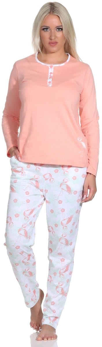 Elegante damespyjama met lange mouwen met flamingomotief en knoopsluiting bij de hals