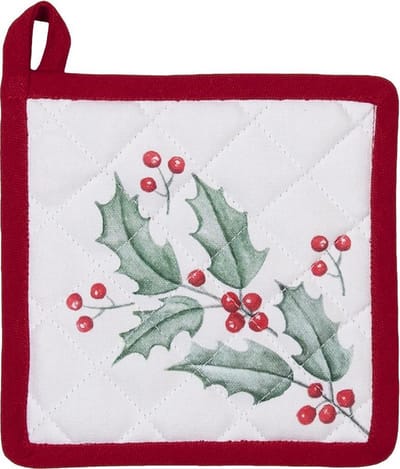 Clayre & Eef Kind Pannenlap 16x16 cm Wit Rood Katoen Hert Hulstbladeren