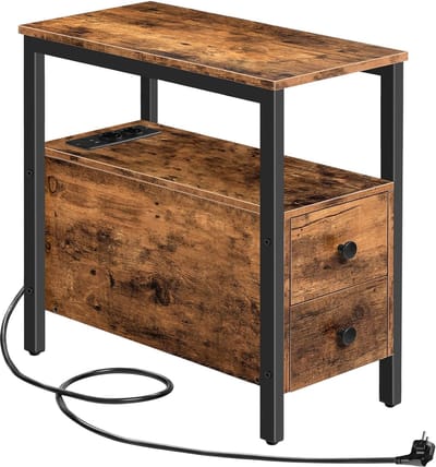 TRANKIELO® - Bijzettafel met Laadstation – Donkerbruin Nachtkastje met 2 Laden – Salontafel met USB en Stopcontact