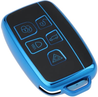 Dailygoods- Sleutelhanger 5-knoppen - Beschermhoes - Zwart met blauwe rand - Geschikt voor Land Rover/Jaguar - 67,5 x 42,7 mm - Schokbestendig en slijtvast - Autosleutel