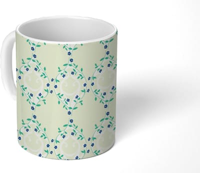 Mok - Koffiemok - Groen - Blauw - Bloem - Design - Mokken - 350 ML - Beker - Koffiemokken - Theemok