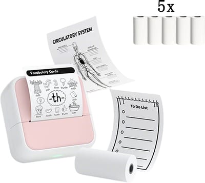 KZQ Mini Sticker Printer Labelmaker Draagbare Thermische Bluetooth Printer Zonder Inkt voor en Met 5 Rollen roze