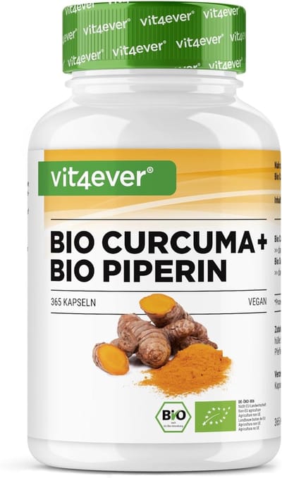 Bio Curcuma - 365 veganistische capsules - 4560 mg (biologische kurkuma + zwarte peper) per dagelijkse portie - met curcumine en piperine - laboratorium getest - hoge dosering - veganistisch - Vit4ever