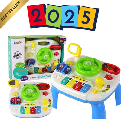 EduPlay Interactieve Educatieve Tafel 2-in-1 – Speeltafel met Stuur, Piano, Spiegel en Geluids- & Lichteffecten – Speelgoed 1, 2, 3 Jaar - Leerzaam Activiteitenspeelgoed voor Peuters vanaf 18 Maanden – Stimuleert Muzikaliteit en Motoriek – Met Ebook