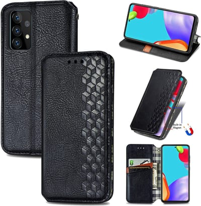 Luxe PU Lederen Ruitpatroon Wallet Case + PMMA Screenprotector voor Galaxy A52 (4G/5G) / A52s 5G _ Zwart