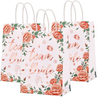 Dailygoods- Bruiloftstas met Roségouden Handgrepen - 12 Team Bride Geschenkzakjes - Floral Tassen - Duurzaam Kraftpapier - Opvouwbaar en Lichtgewicht - Feesttassen
