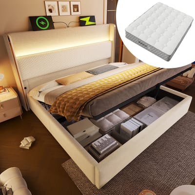 MODFU Bedframe – 140x200 cm – Met hoog hoofdbord, LED & matras – Beige linnen