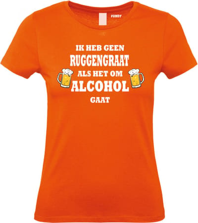 Dames T-shirt Ik heb geen Ruggengraat als het om Alcohol gaat | Oktoberfest dames heren | Carnavalskleding heren dames | Foute party | Oranje dames | maat XS