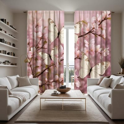 2 stuks HD digitale roze vlinder- en kersenbloesemgordijnen, romantische stijl, voor het decoreren van de woonkamer en slaapkamer. W52H63inchW132H160cm white