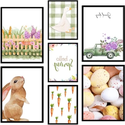 Poster Set - Wanddecoratie Prints - Woonkamer Decoreren - Set van 7 - 30x40 cm & A4 - Vrolijk Pasen
