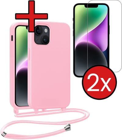 Hoesje Geschikt voor iPhone 13 Mini Hoesje Siliconen Case Met Koord Met 2x Screenprotector - Hoes Geschikt voor iPhone 13 Mini Hoesje Backcover Met Telefoonkoord - Lichtroze