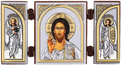 Dailygoods- Icoon Drieluik - Houten Altaar - Christelijke Iconografie - Jezus Christus - Bron van Verlossing - Goddelijke Bescherming - Religieus Kunstwerk