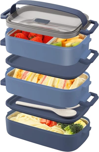 Famanu – Bento-lunchbox - 2200 ml - meerdere vakken - roestvrijstalen binnenkant - lekbestendig - BPA-vrij - magnetronbaar - 19,5 x 11,2 x 15 cm